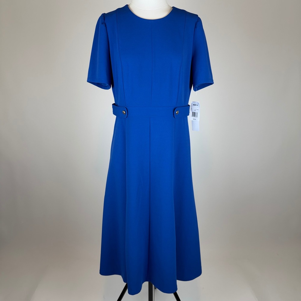 NWT London Times Cobalt Blue Short Sleeve Fit Flare Midi Dress Womens Sz 12 Work